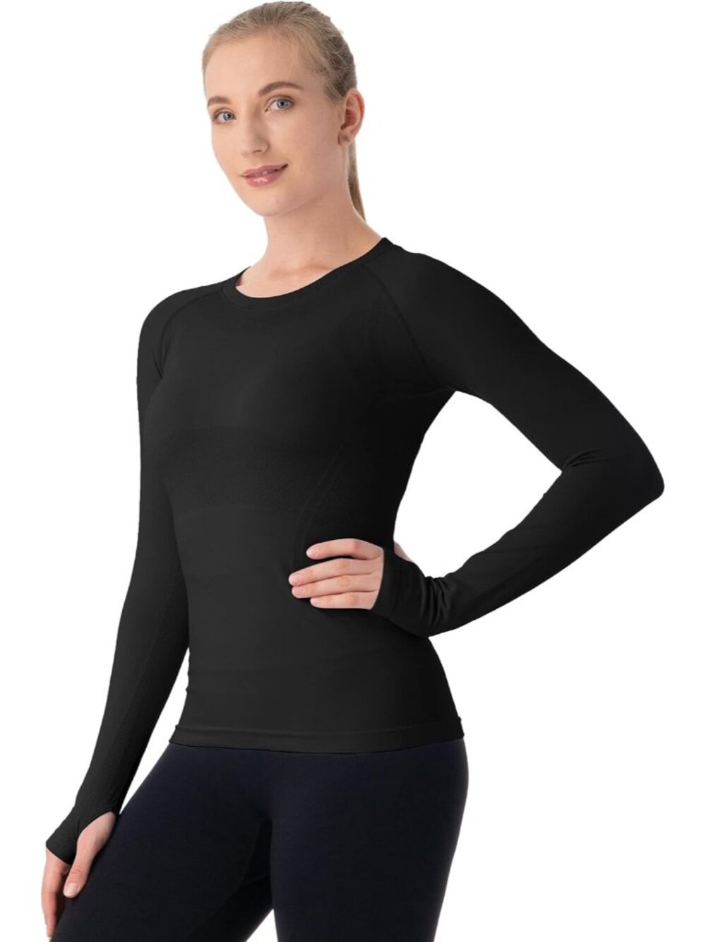 Women's Black Seamless Workout Shirts Long Sleeve Yoga Tops Sports Slim Fit